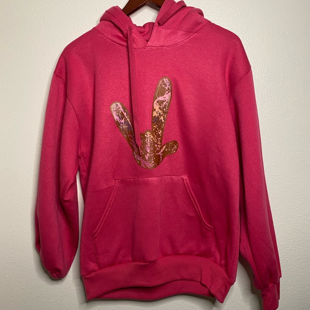 Hoodie Sweatshirt Hot Pink with “ILY” in hand shape.